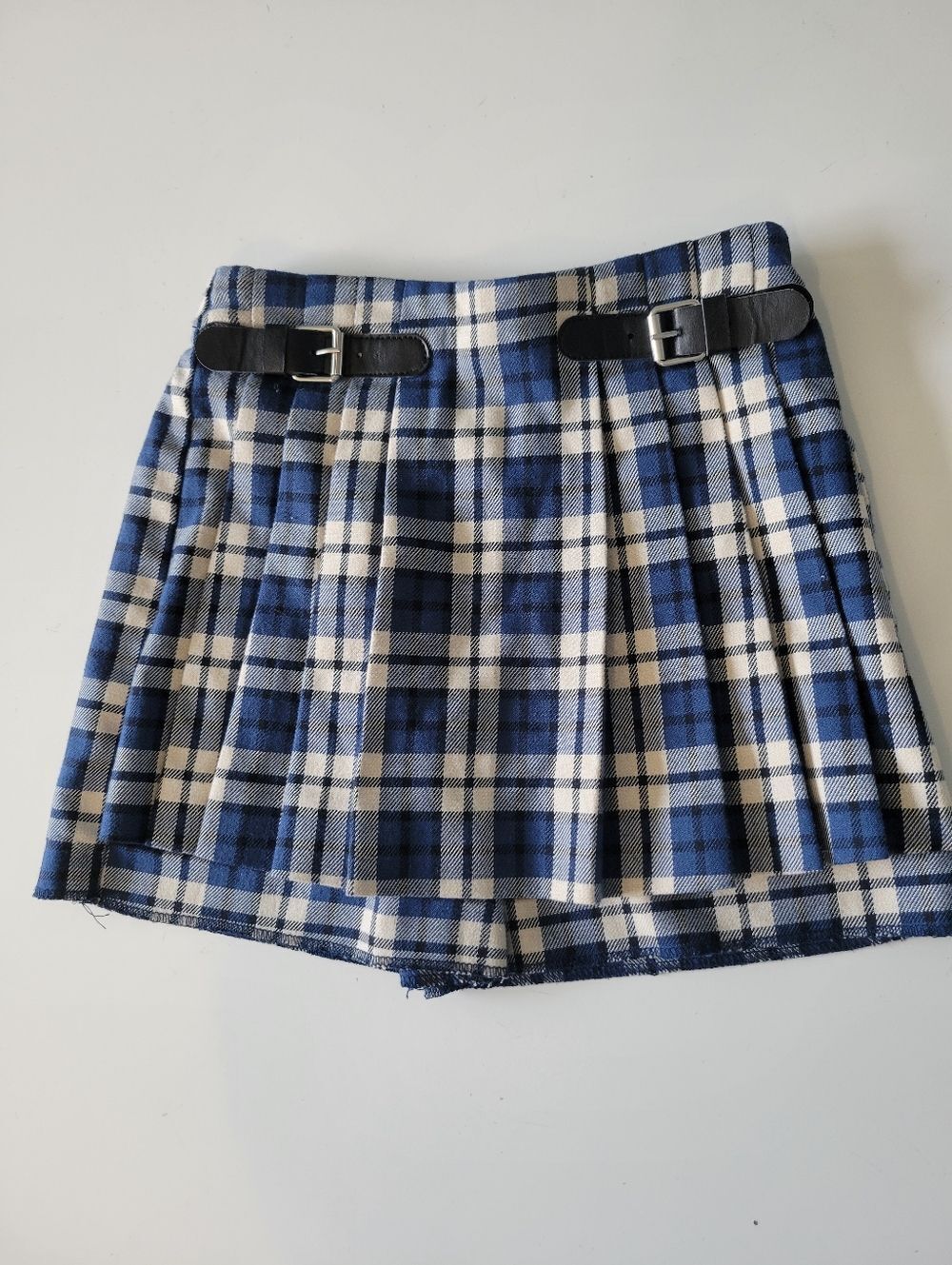 Zara Girls  Blue and White Plaid Pleated Mini Skort with Buckle Straps Size 3-4Y